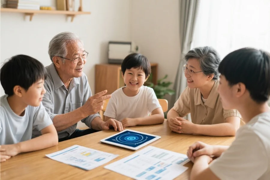 一个家庭成员围坐在一起,长辈正在向年轻人讲解网络安全知识,桌上放着平板电脑和资料